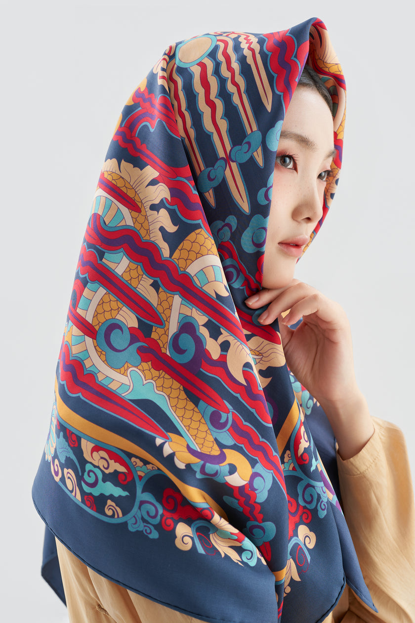 The Dragon Pearl silk scarf - Navy - Size 90x90 cm