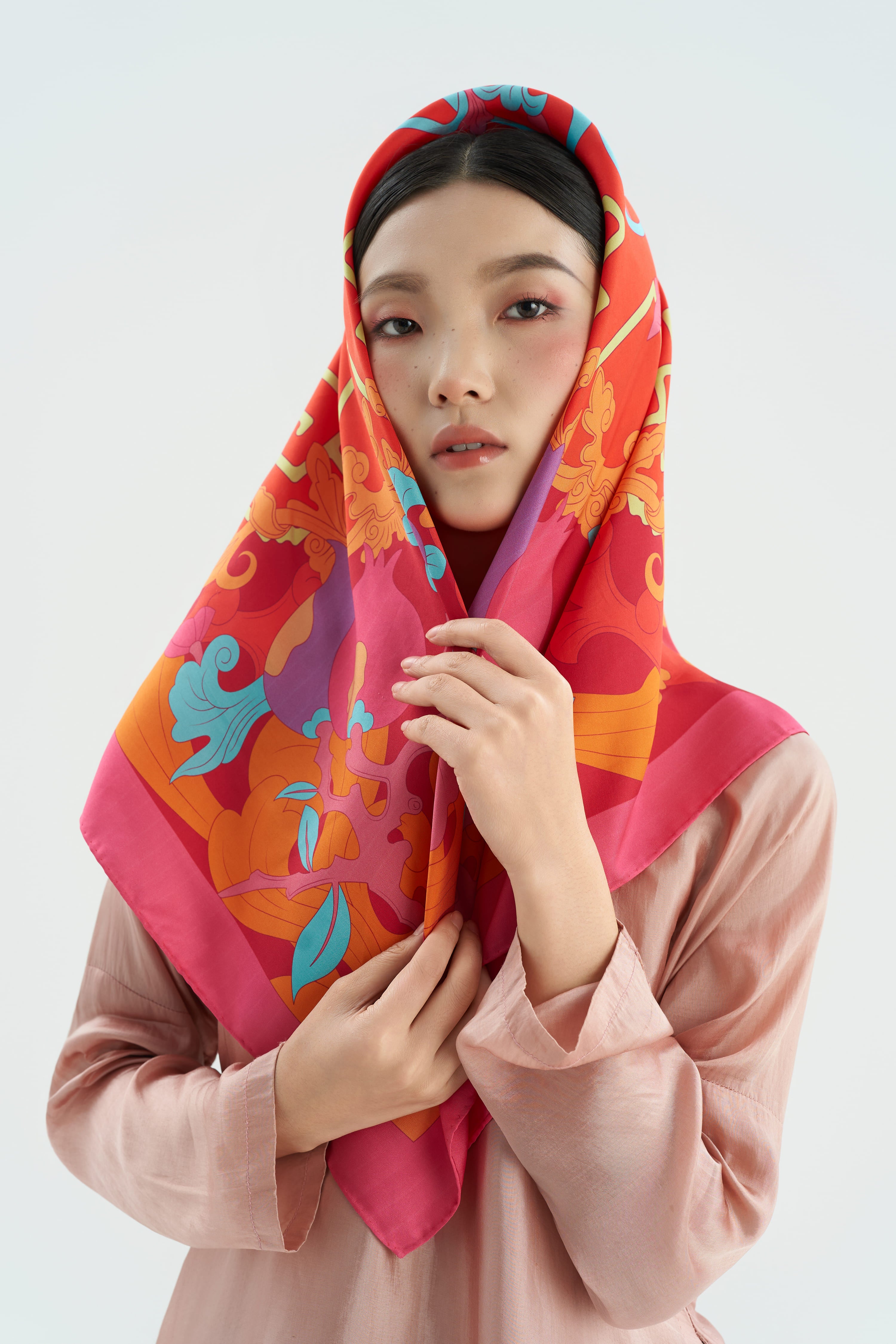 The Pomegranate Blossom Silk Scarf - Pink - Size 90x90