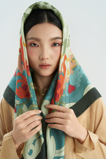 The Serenity Of Buddha's Hand Silk Scarf - Green - Size 90x90