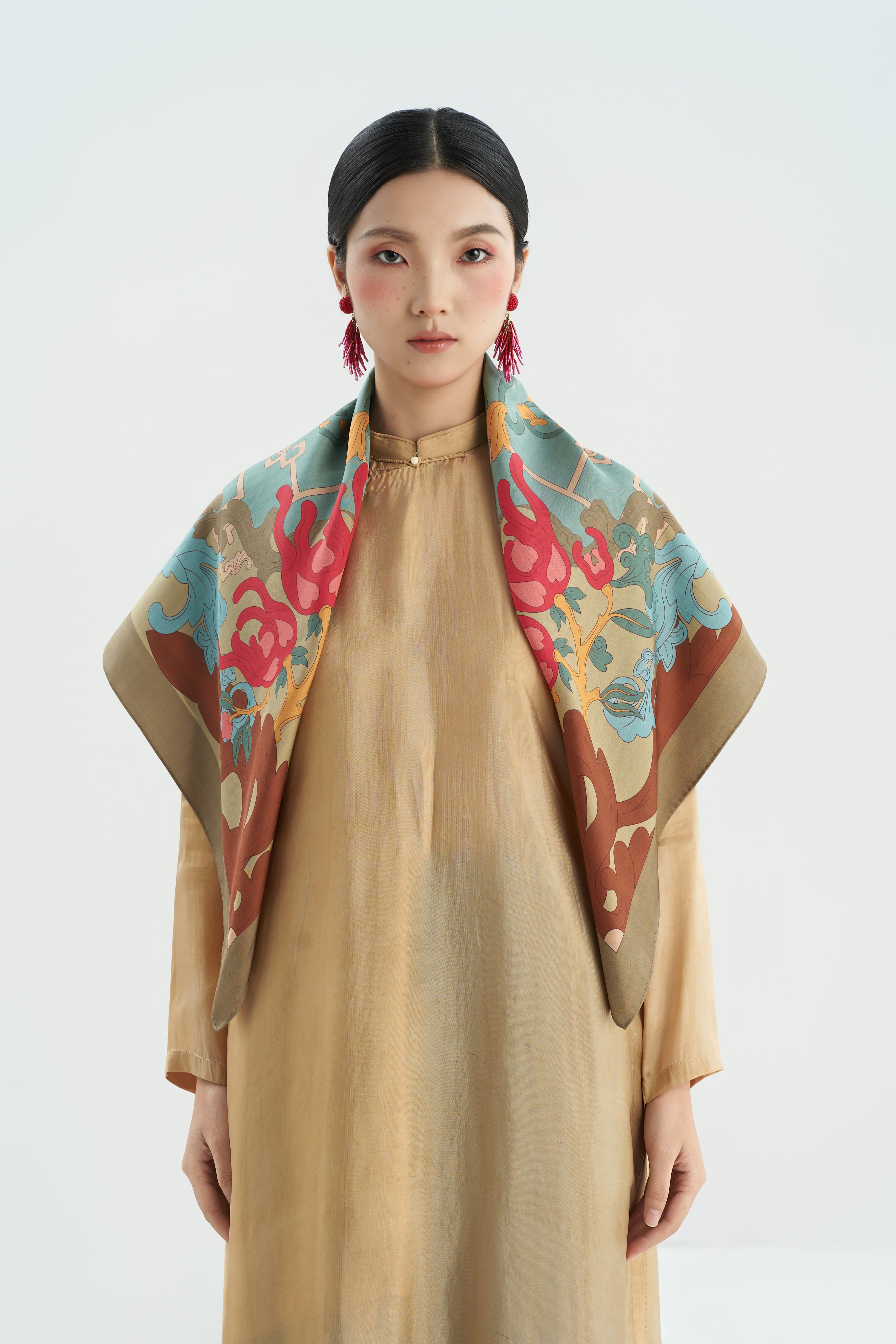 The Serenity Of Buddha's Hand Silk Scarf - Moss Brown - Size 90x90