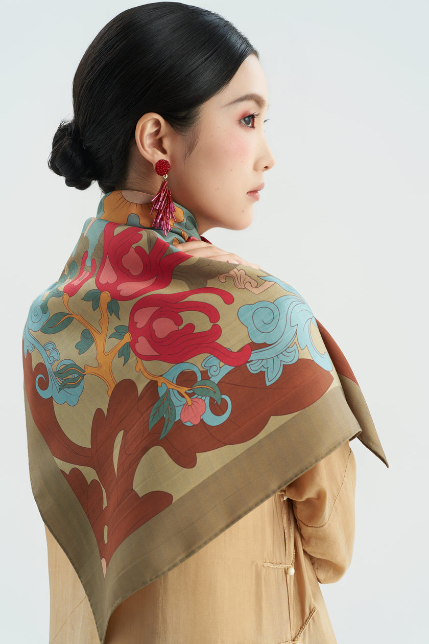 The Serenity Of Buddha's Hand Silk Scarf - Moss Brown - Size 90x90