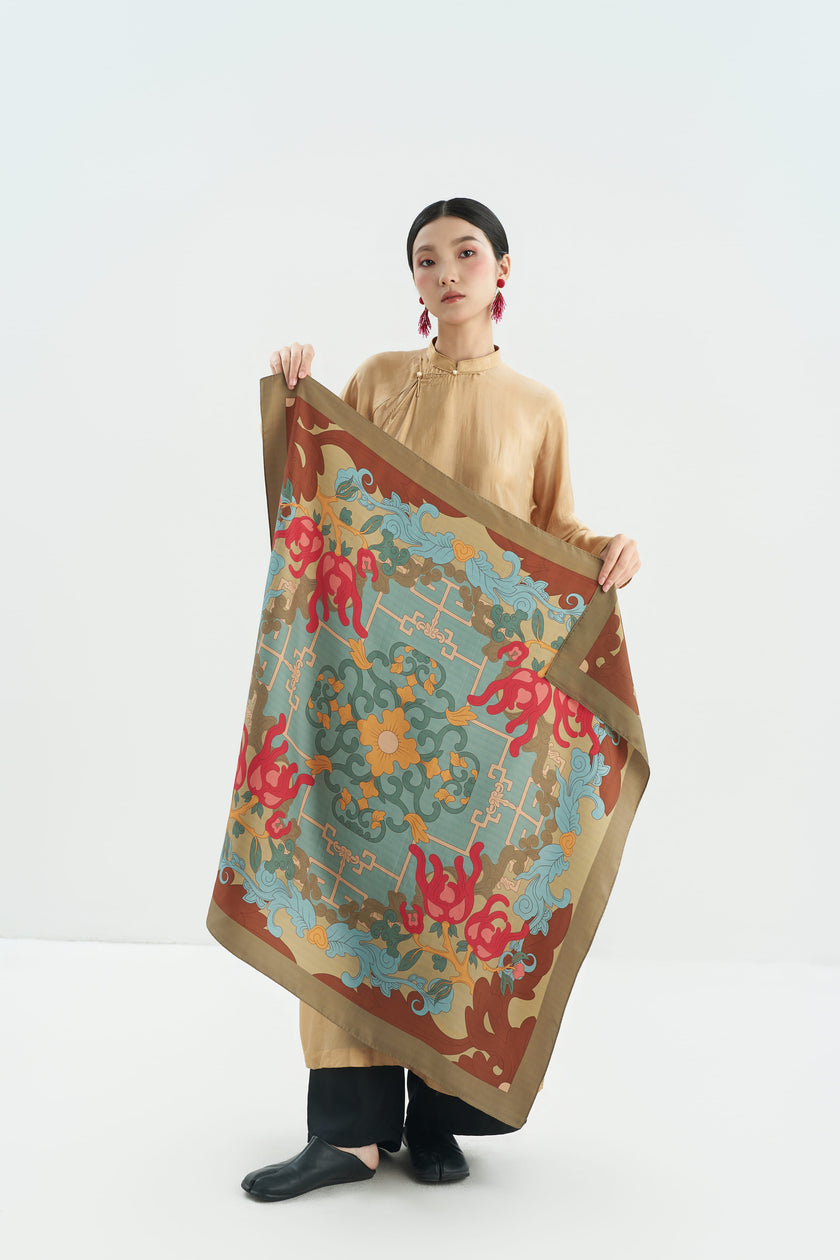 The Serenity Of Buddha's Hand Silk Scarf - Moss Brown - Size 90x90